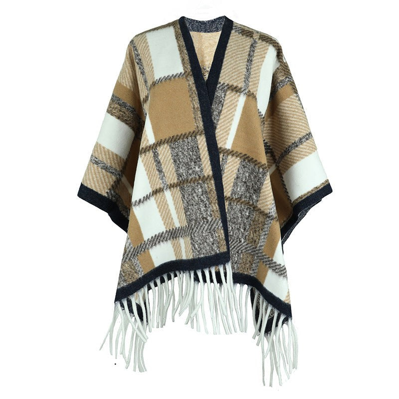 Vianne | Women's Plaid Fringe Elegant Modern Poncho in Khaki