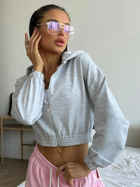 Viola | Women's Elastic Waist Zip Hoodie in Light Gray