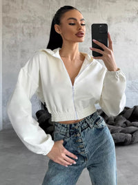 Viola | Women's Elastic Waist Zip Hoodie in White