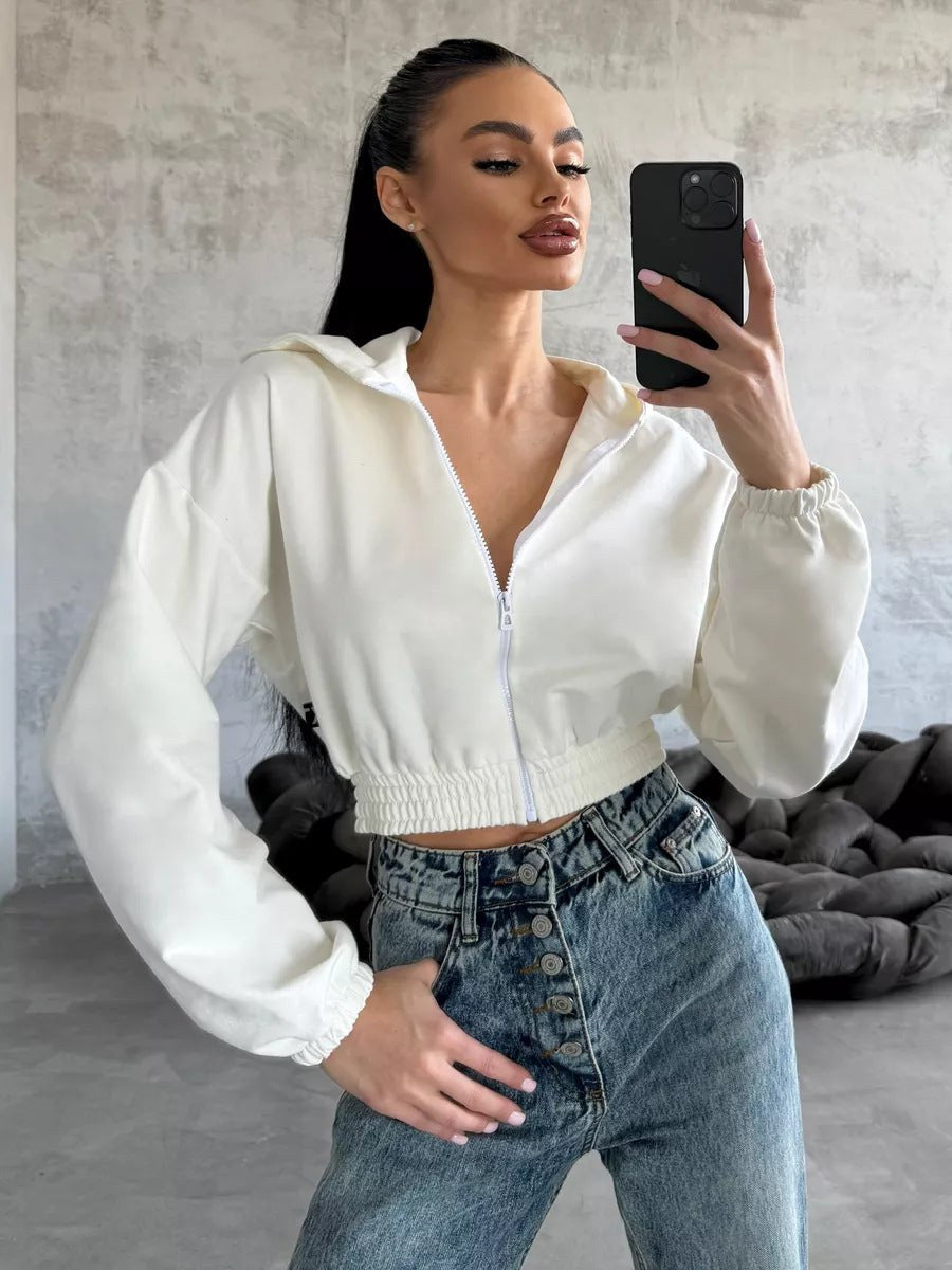 Viola | Women's Elastic Waist Zip Hoodie in White