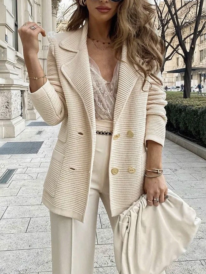 Virgilia | Women's Button-Front Pockets Knit Elegant Blazer