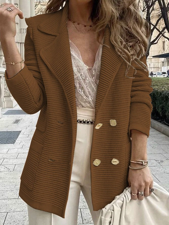 Virgilia | Women's Button-Front Pockets Knit Elegant Blazer in Brown