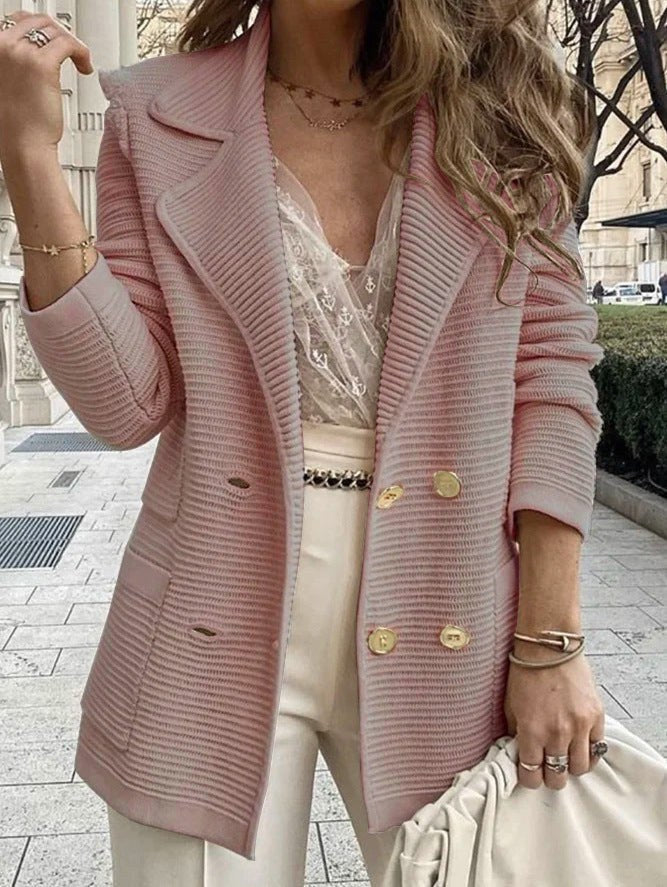 Virgilia | Women's Button-Front Pockets Knit Elegant Blazer in Pink