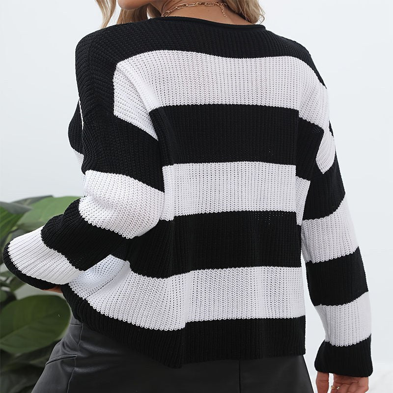 Virginia | Women's Striped Lightweight Knit Casual Modern Sweater in Black White