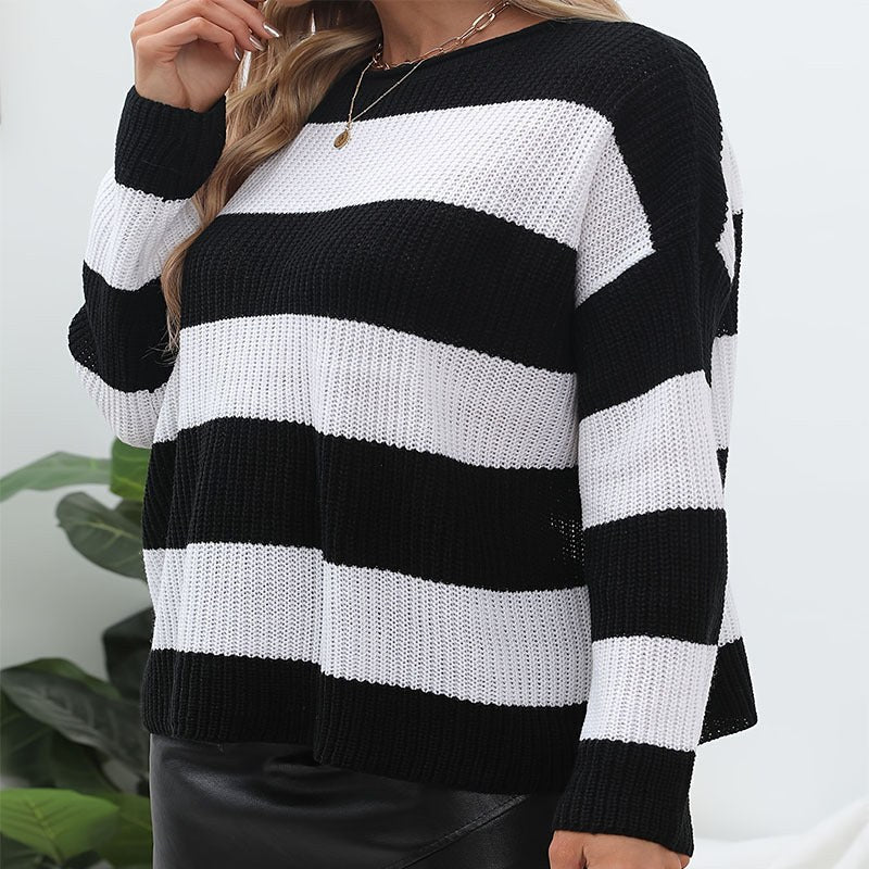 Virginia | Women's Striped Lightweight Knit Casual Modern Sweater in Black White