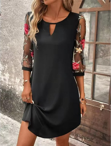 Virginia | Women's Keyhole Mini Embroidered Sleeve Dress in Black