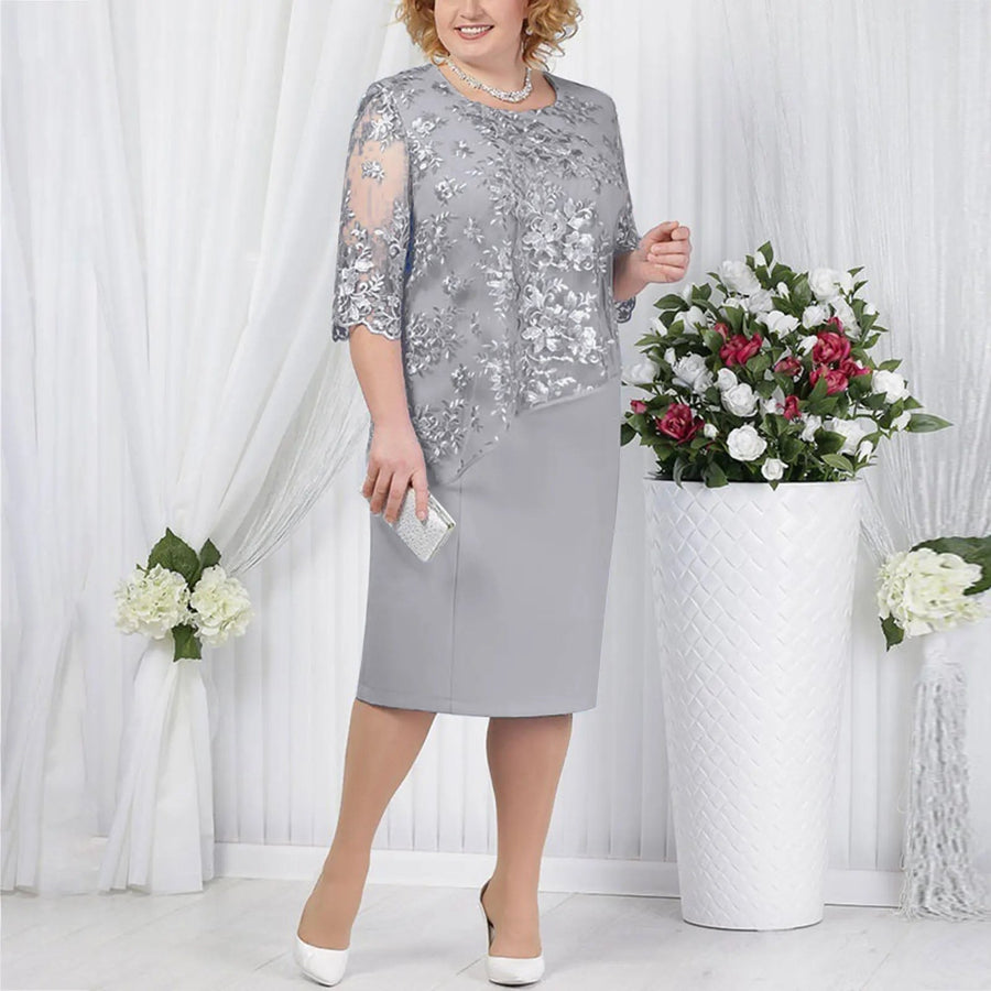 Vita | Women's Knee Length Embroidered Overlay Dress in Gray