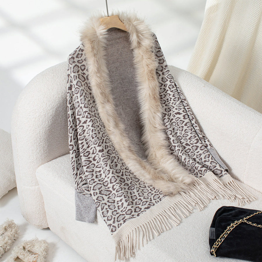 Vittoria | Women's Faux Fur Collar Fringe Knit Elegant Poncho in Apricot