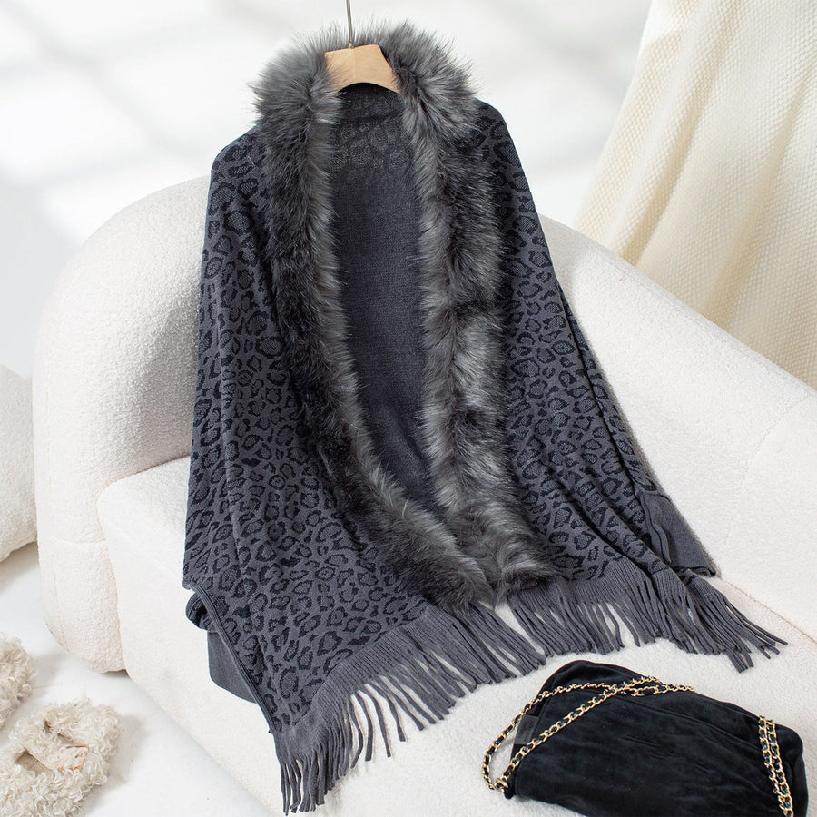 Vittoria | Women's Faux Fur Collar Fringe Knit Elegant Poncho in Gray