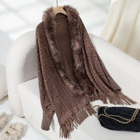 Vittoria | Women's Faux Fur Collar Fringe Knit Elegant Poncho in Khaki