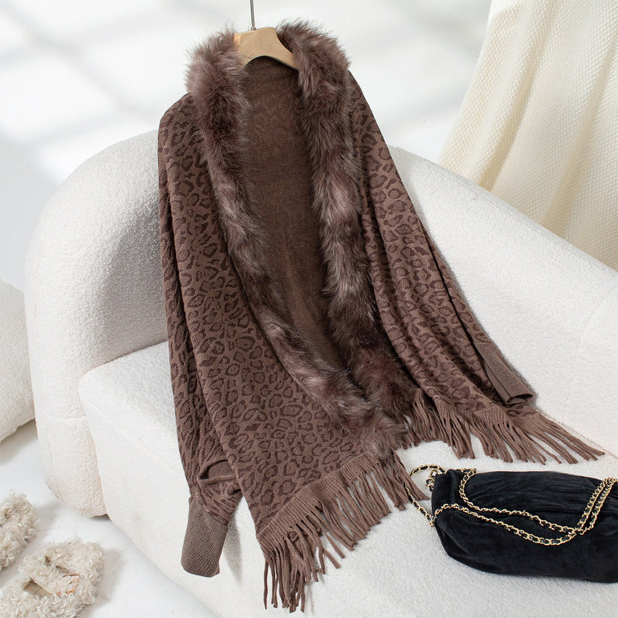 Vittoria | Women's Faux Fur Collar Fringe Knit Elegant Poncho in Khaki