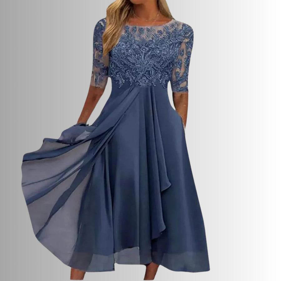 Viveca | Women's Lace Top Detail Midi Dress in Blue