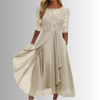 Viveca | Women's Lace Top Detail Midi Dress in Cream