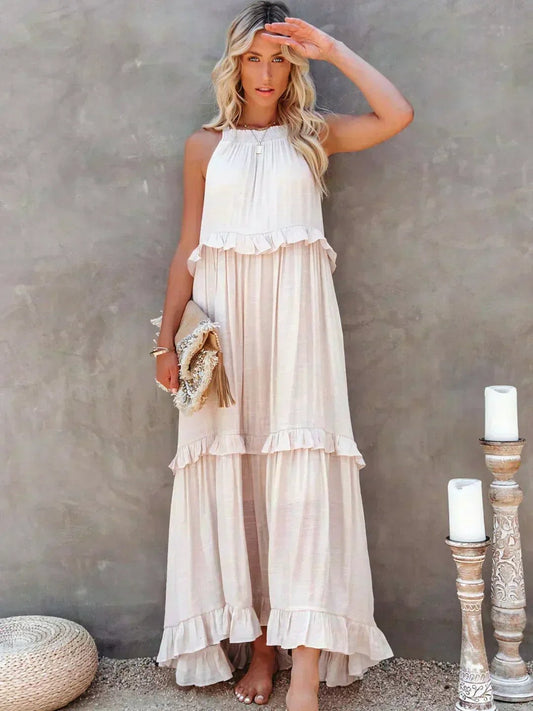 Vivienne | Women's Layered Tier Design Maxi Dress in Beige