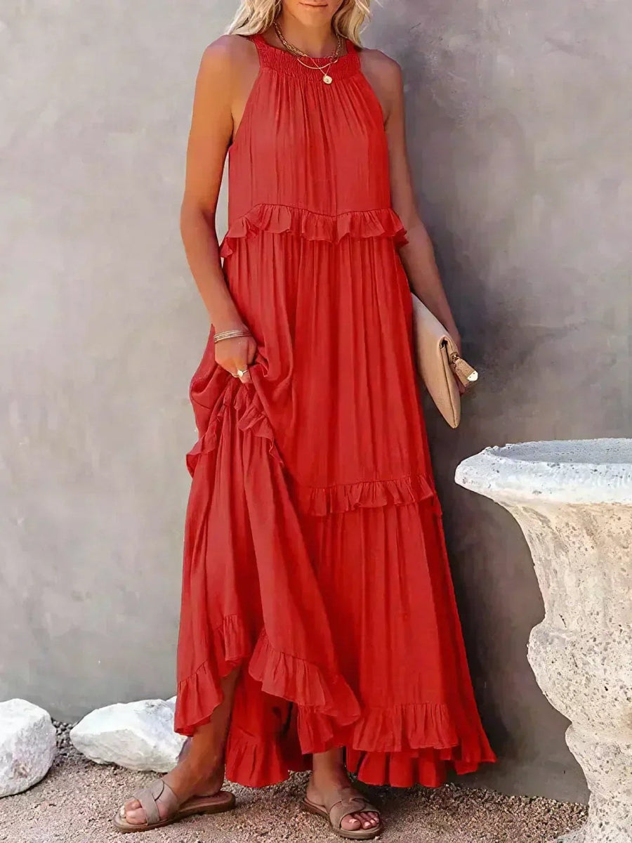 Vivienne | Women's Layered Tier Design Maxi Dress in Red