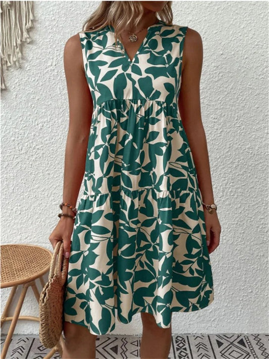 Wendeline | Women's Leaf Print Sleeveless V-Neck Mini Dress in Green
