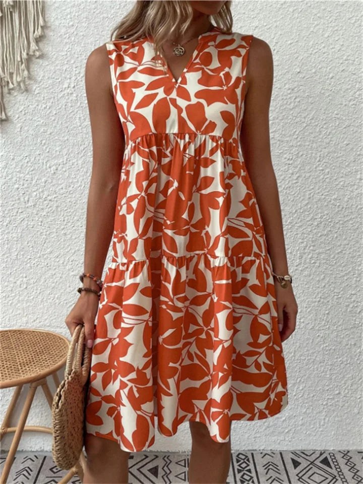 Wendeline | Women's Leaf Print Sleeveless V-Neck Mini Dress in Orange