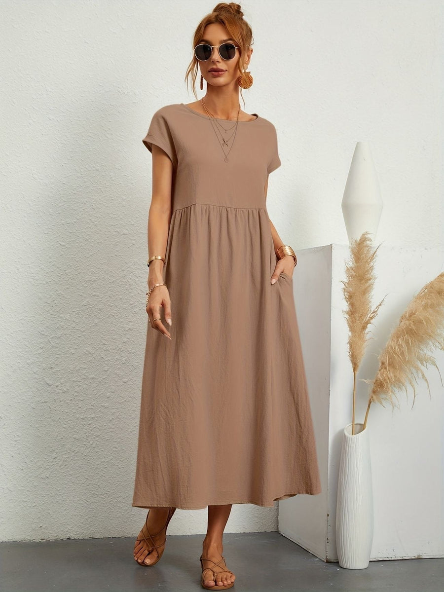 Wilhelmina | Women's Loose Maxi Round Neck Pocket Dress in Khaki