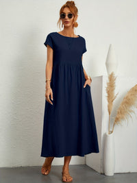 Wilhelmina | Women's Loose Maxi Round Neck Pocket Dress in Navy
