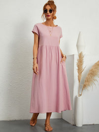 Wilhelmina | Women's Loose Maxi Round Neck Pocket Dress in Pink