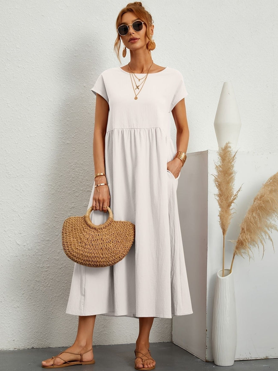 Wilhelmina | Women's Loose Maxi Round Neck Pocket Dress in White