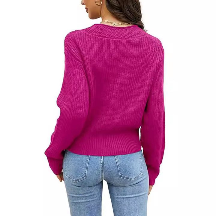 Willa | Women's Button Detail V-Neck Knit Casual Sweater