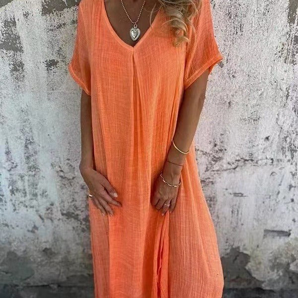 Willa | Women's Loose Midi V-Neck Dress in Orange
