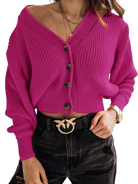 Willa | Women's Button Detail V-Neck Knit Casual Sweater in Ruben Red