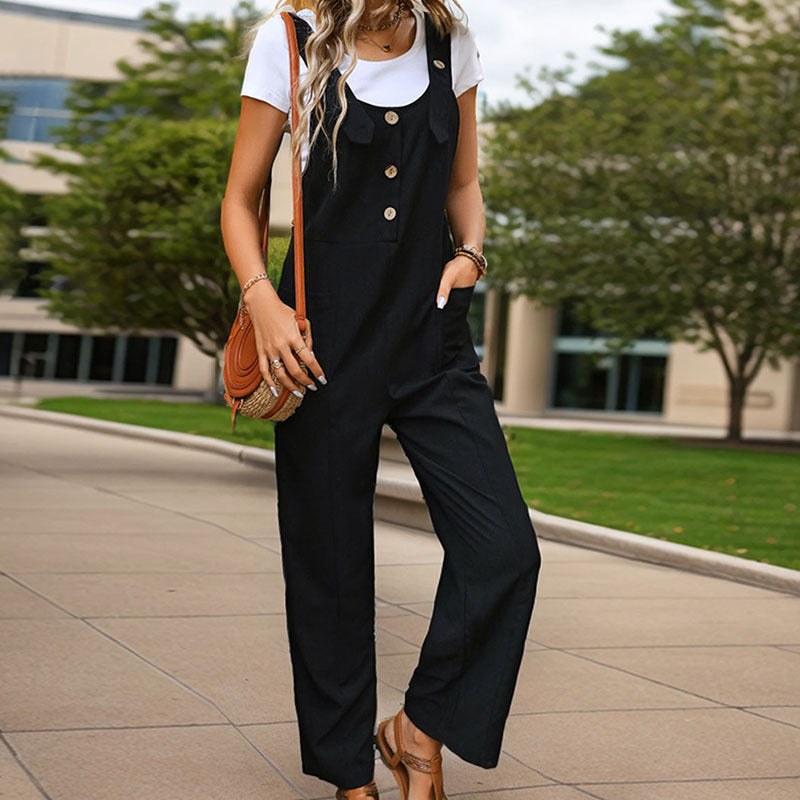 Wilma | Women's Button Detail Pockets Jumpsuit in Black