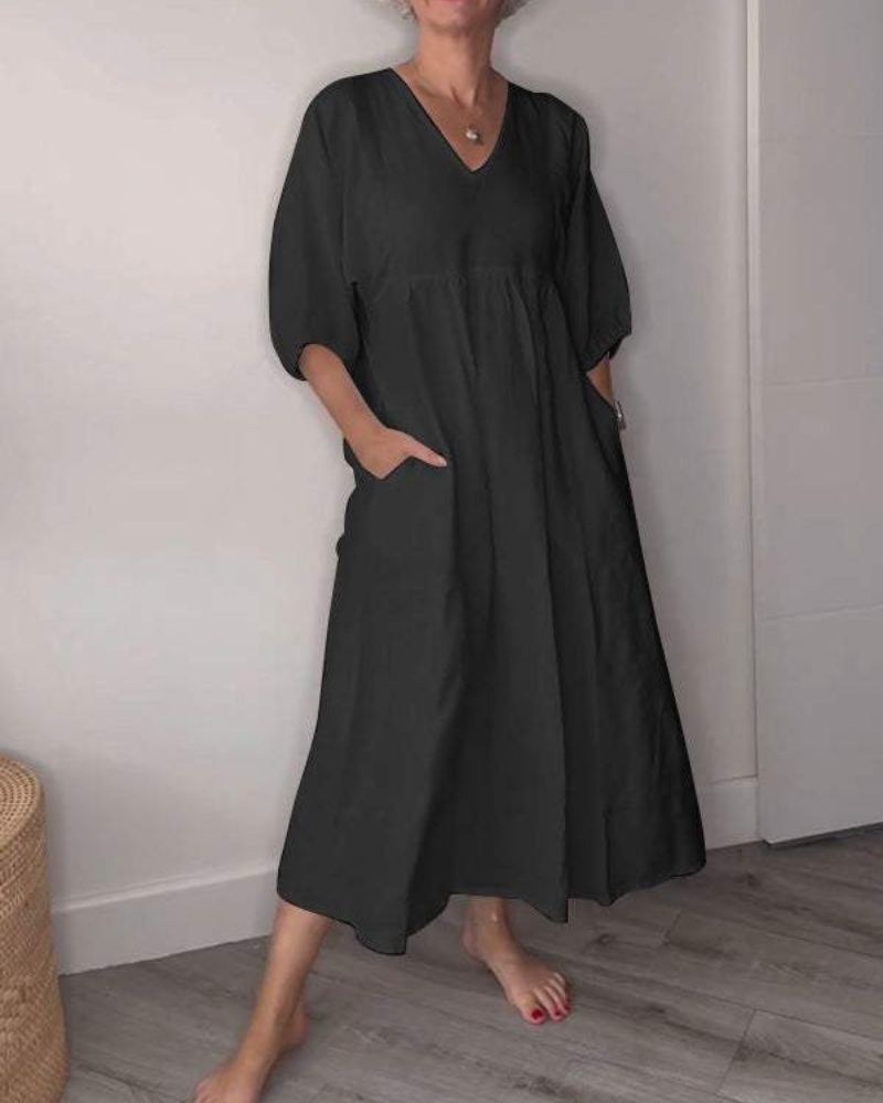 Wilma | Women's Loose Midi with Gathered Skirt Dress in Black