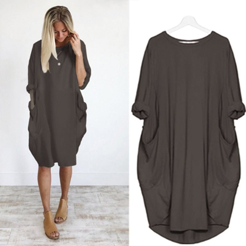 Winifred | Women's Loose Shift Front Pockets Mini Dress in Dark Brown