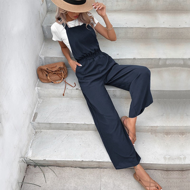 Wren | Women's Elastic Waist Wide Leg Jumpsuit in Dark Blue