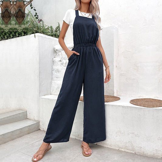 Wren | Women's Elastic Waist Wide Leg Jumpsuit in Dark Blue