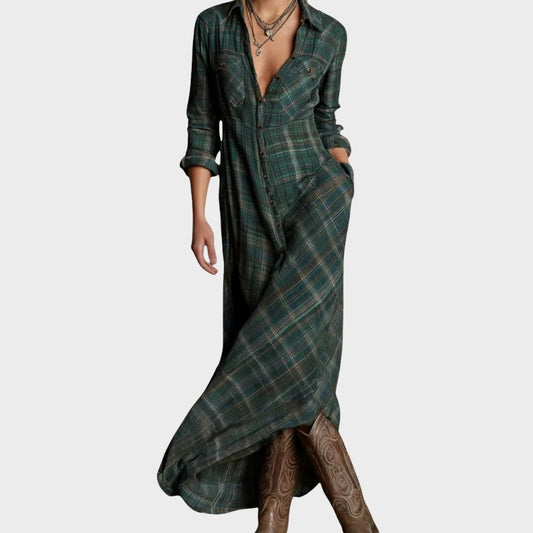 Wren | Women's Maxi Plaid Button Front Dress in Dark Green