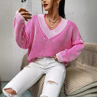 Wren | Women's V-Neck Striped Casual Sweater in Gray