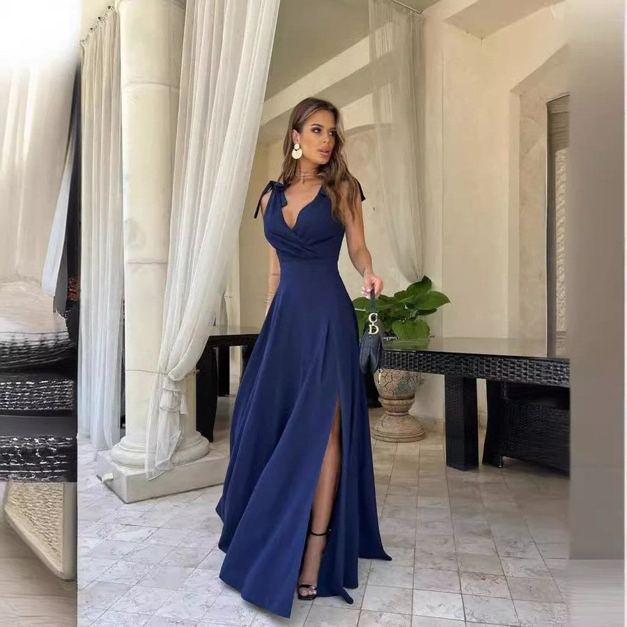 Wulfrun | Women's Slit Elegant Evening Dress in Dark Blue