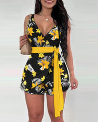 Xenia | Women's Waist Belt Belted Casual Jumpsuit in Black Yellow