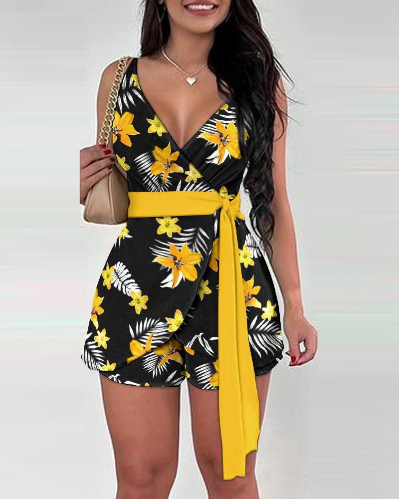Xenia | Women's Waist Belt Belted Casual Jumpsuit in Black Yellow