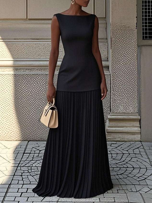 Xenia | Women's Maxi With Pleated Finish Dress in Black