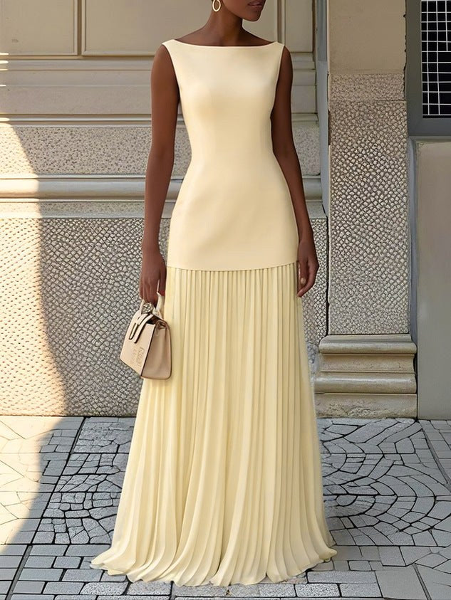 Xenia | Women's Maxi With Pleated Finish Dress in Light Yellow