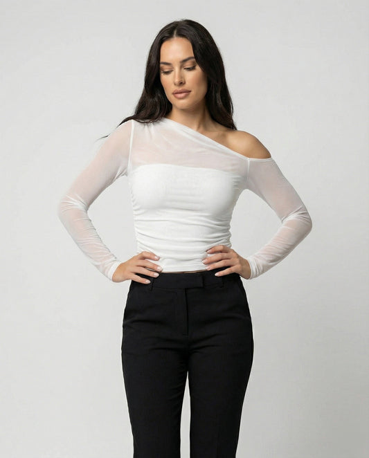 Xiomara | Women's Asymmetric Ruched Elegant Top in Cream