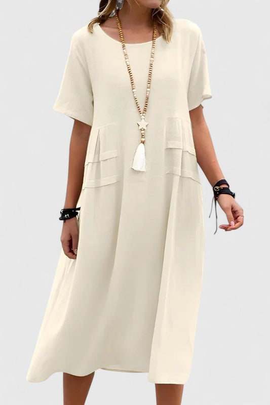 Ysabel | Women's Midi Length with Wide Hemline Dress in Beige