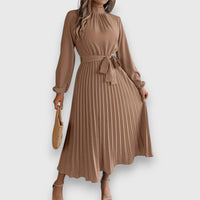 Yvette | Women's Midi Pleated Skirt Dress in Beige