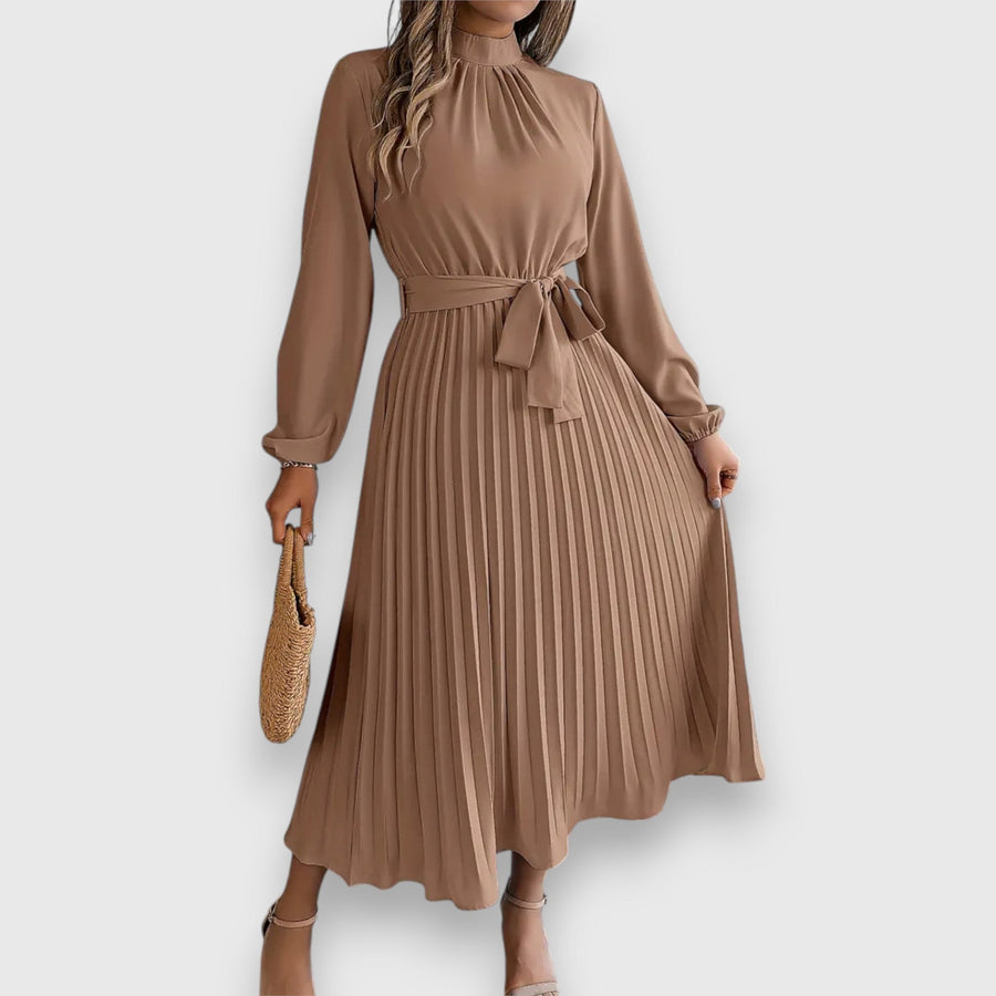 Yvette | Women's Midi Pleated Skirt Dress in Beige