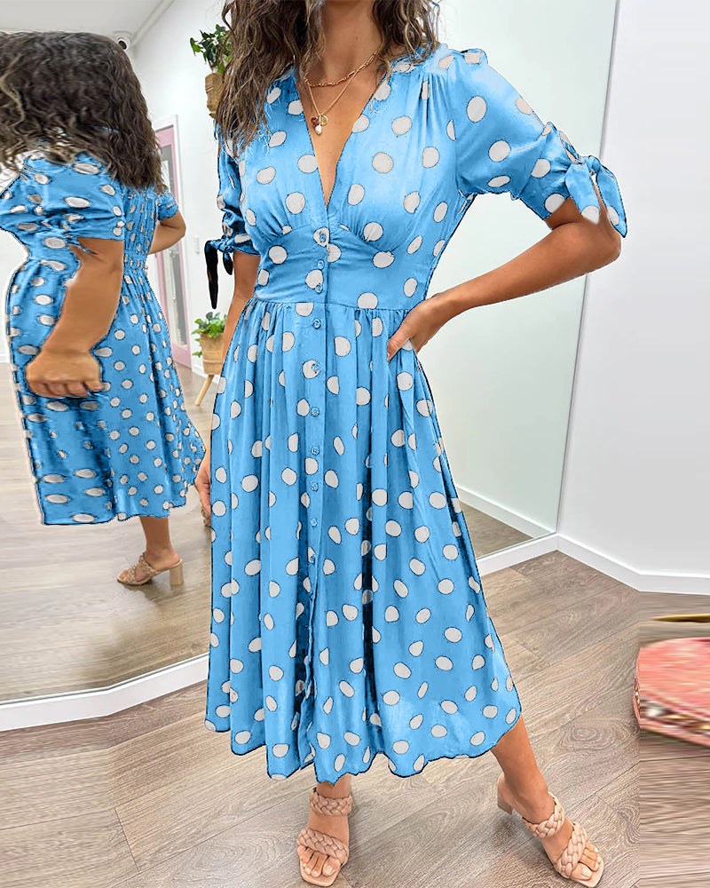 Yvonne | Women's Midi Polka Dot Print Dress in Light Blue