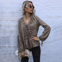 Zaira | Women's Ruffle Detail V-Neck Elegant Blouse Top in Khaki
