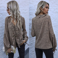 Zaira | Women's Ruffle Detail V-Neck Elegant Blouse Top in Khaki