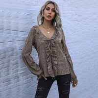 Zaira | Women's Ruffle Detail V-Neck Elegant Blouse Top in Khaki