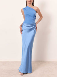 Zara | Women's One Shoulder Maxi Floor Length Dress in Blue