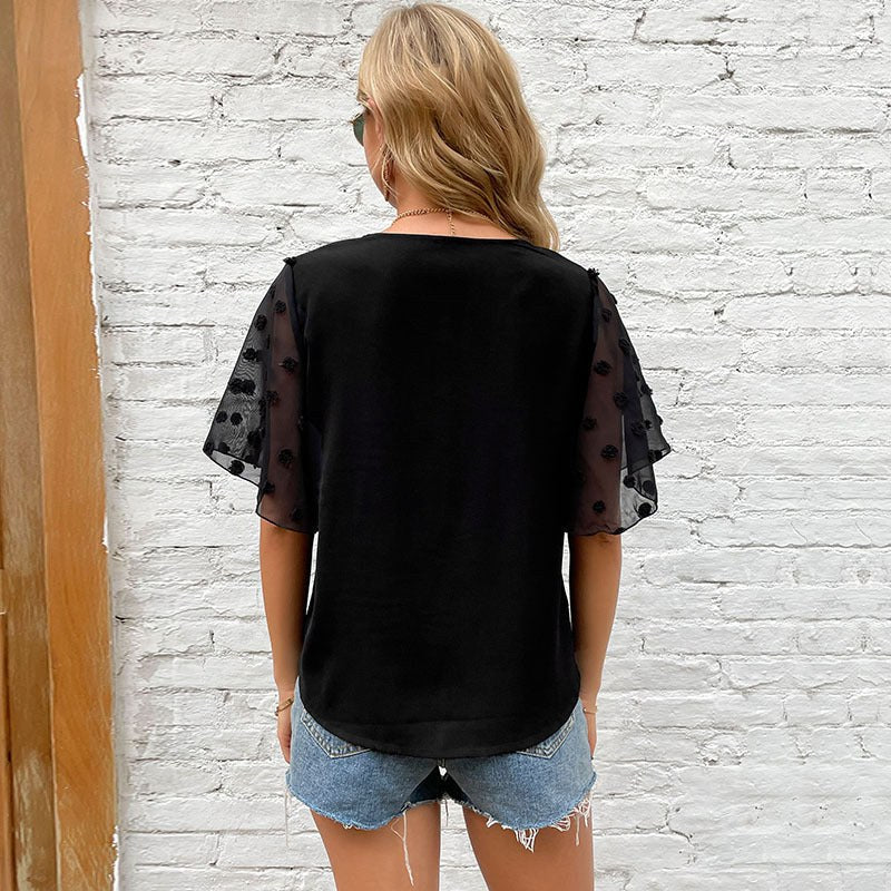 Zdenka | Women's Ruffle Detail V-Neck Sheer Elegant Blouse Top in Black